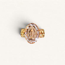 Load image into Gallery viewer, Gold-Toned Flower Ring by Nabert Creations with Miraculous Medal, Silver Leaf Details and Carved Setting