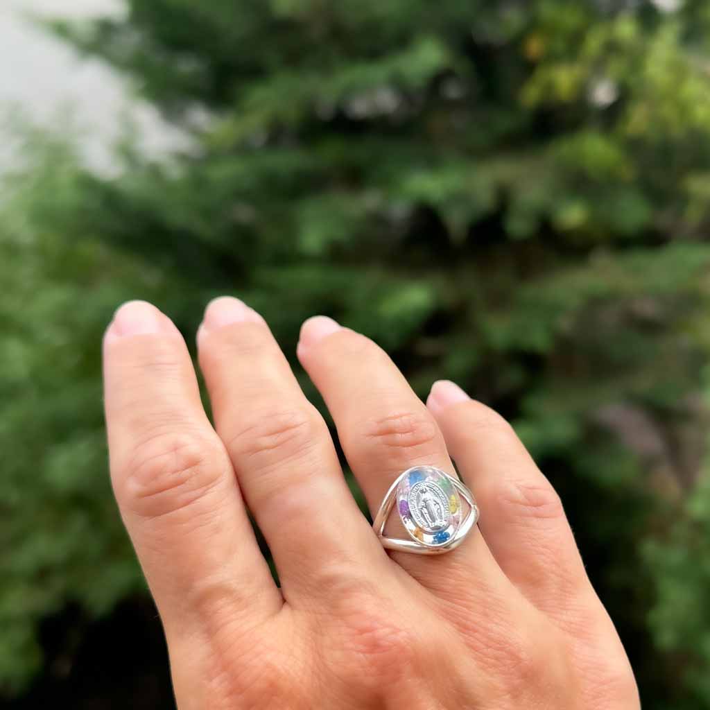 Floral Miraculous Medal Ring - Silver Medal