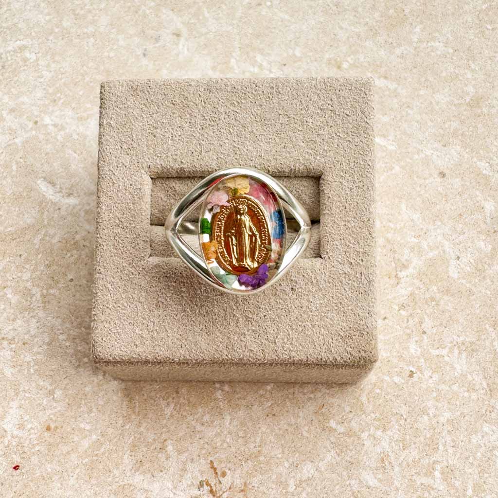 Bague médaille miraculeuse fleurie - Médaille dorée