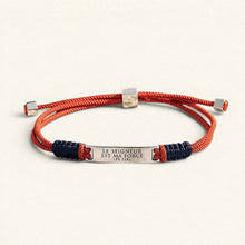Load image into Gallery viewer, Bracelet Fleur Nabert créations orange et bleu avec plaque en zamak gravée Le Seigneur est ma force sur pierre
