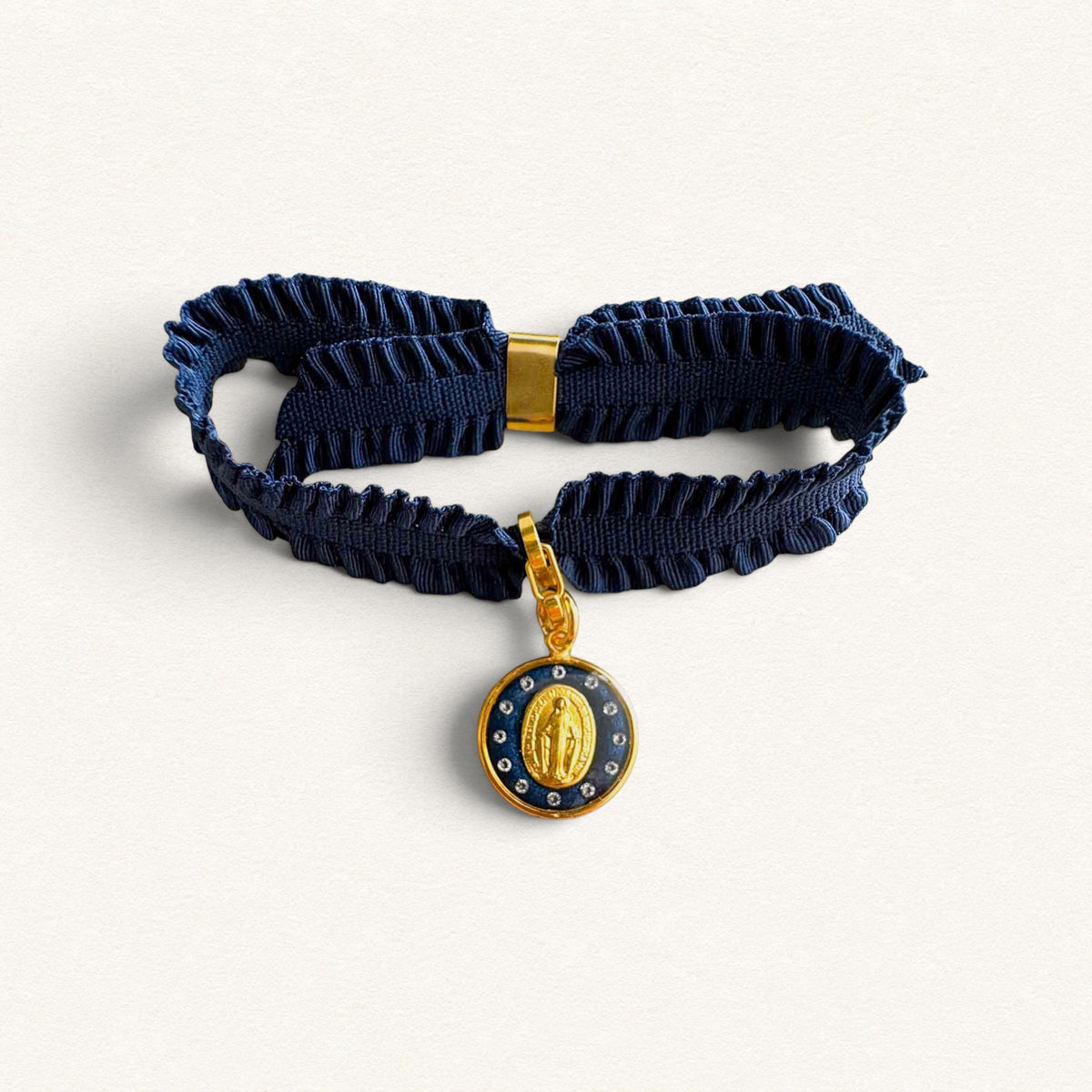 Navy blue Pompadour ribbon bracelet with gold Miraculous Medal, by Fleur Nabert Creations