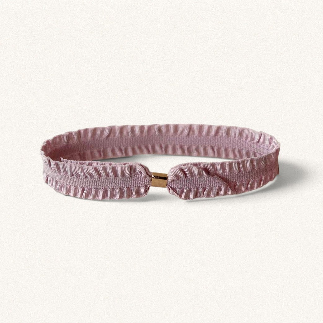 Powder pink Pompadour elastic ribbon bracelet with gold clasp, by Fleur Nabert Creations
