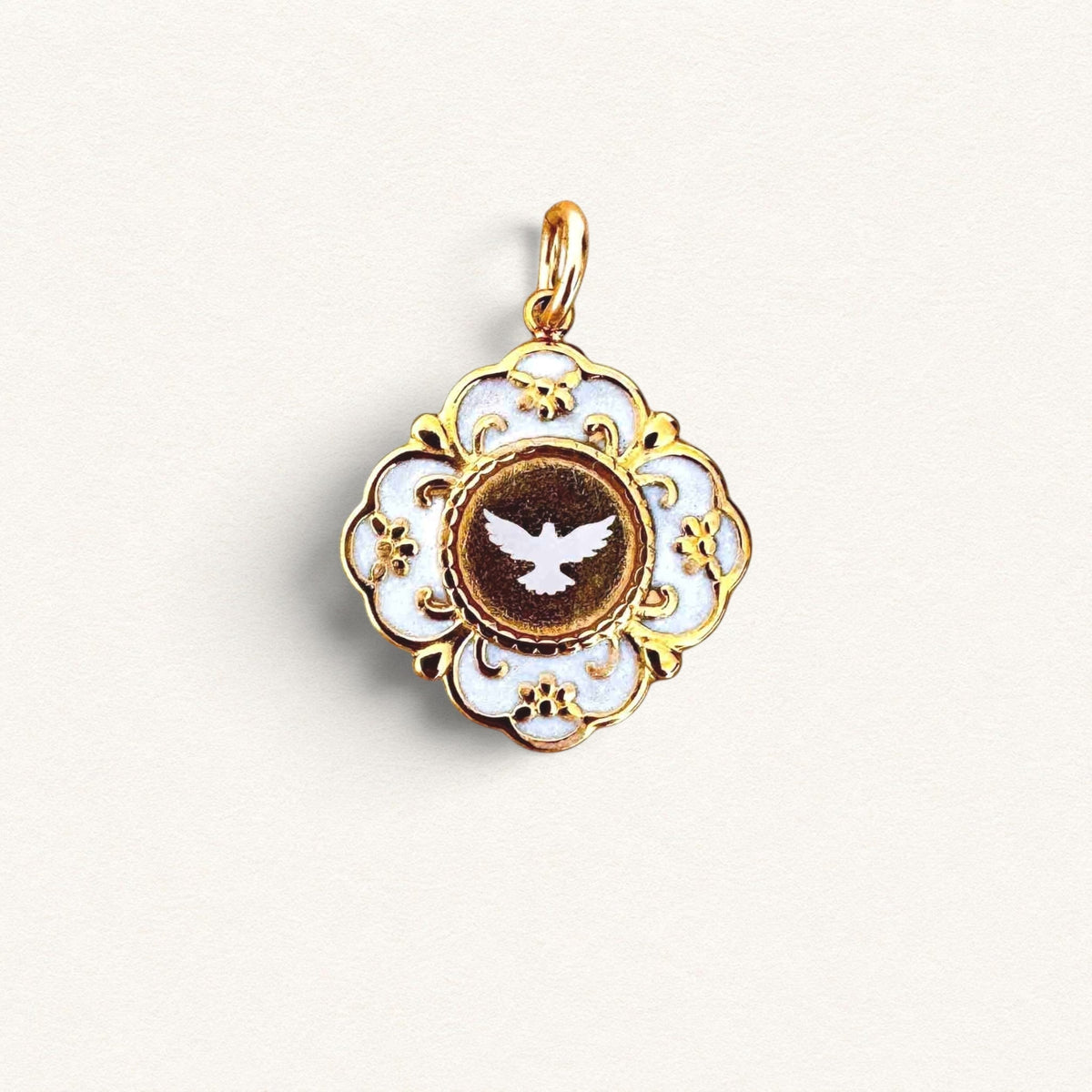 Gold medal, Fleur Nabert creations with a white resin dove, cloisonné style for baptism or confirmation.