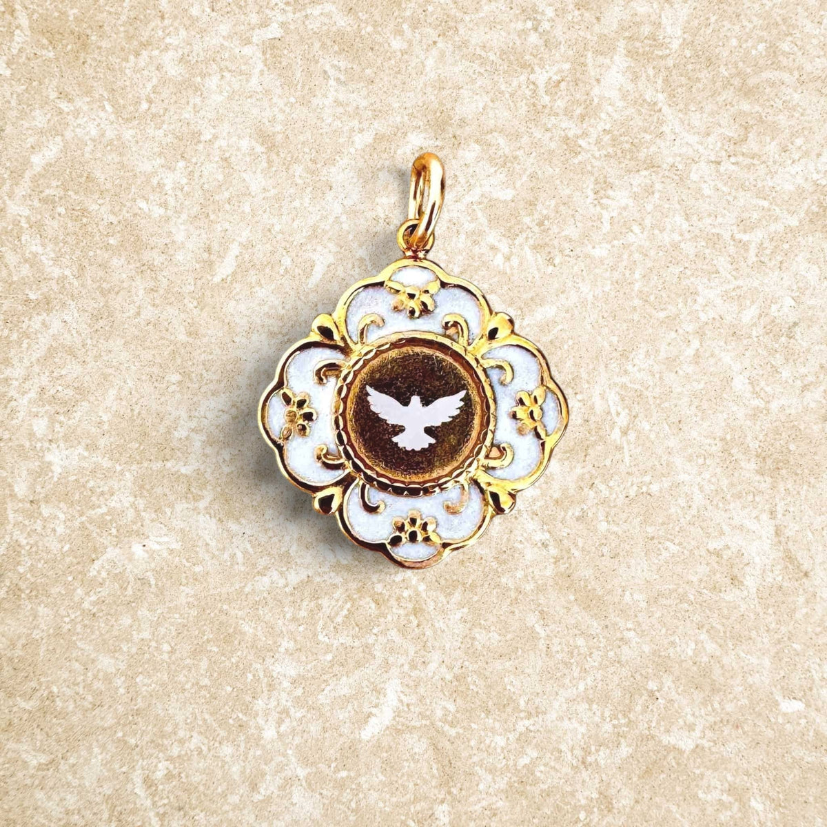 Gold Fleur Nabert creations medal with white resin dove, cloisonné style for baptism or confirmation